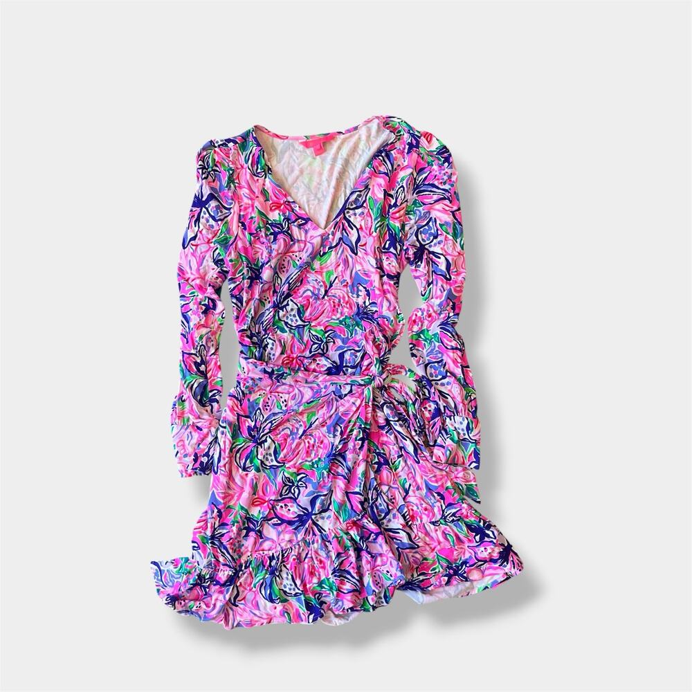 Lilly Pulitzer Florita Floral Print Long Sleeve Ruffle Hem Dress Multi XL